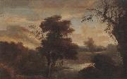 unknow artist A Wooded landscape with figures bathing and resting on the bank of a river oil on canvas